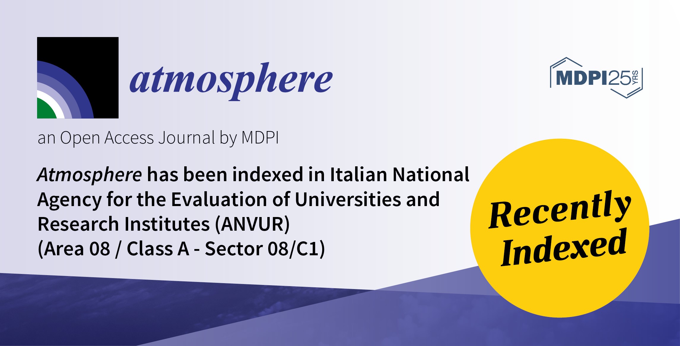 <strong><em>Atmosphere</em> Now Indexed in Italian National Agency for the Evaluation of Universities and Research Institutes (ANVUR): Area 08 / Class A - Sector 08/C1</strong>