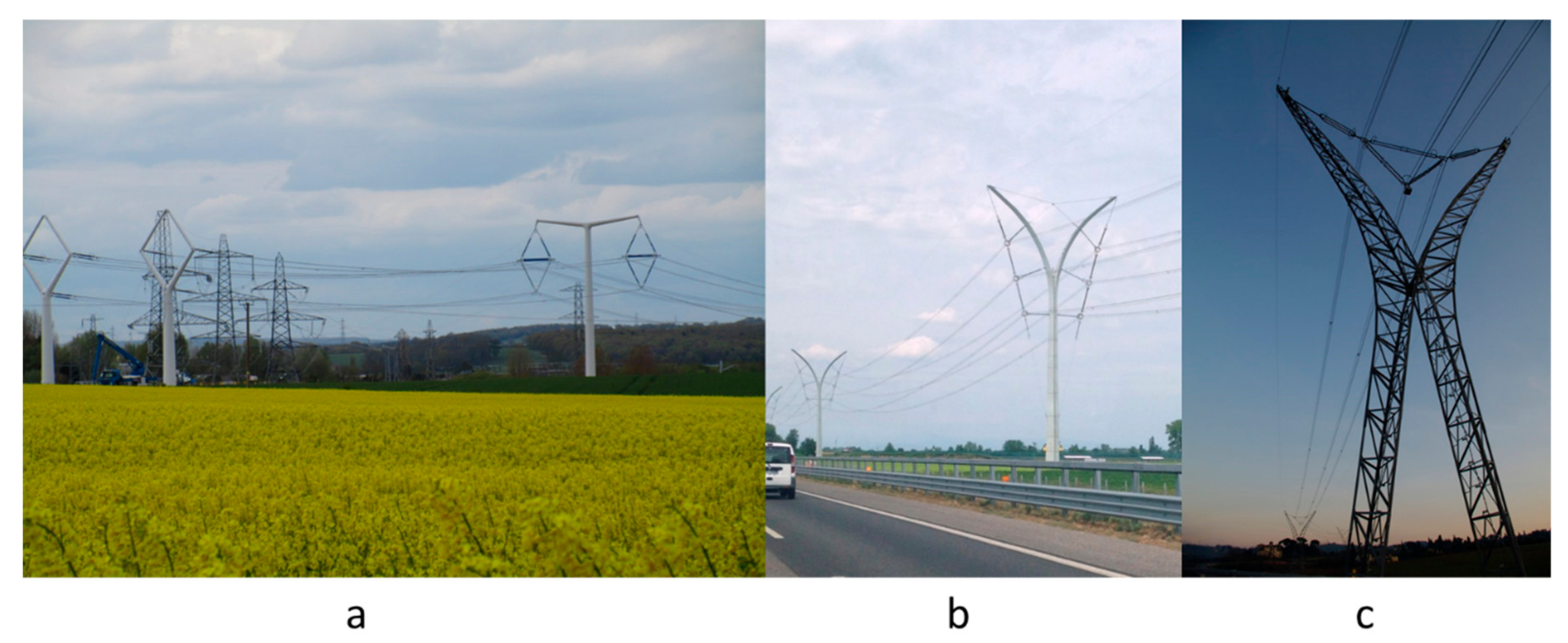 Schematic diagram of 3 different types of pylon shapes of cable