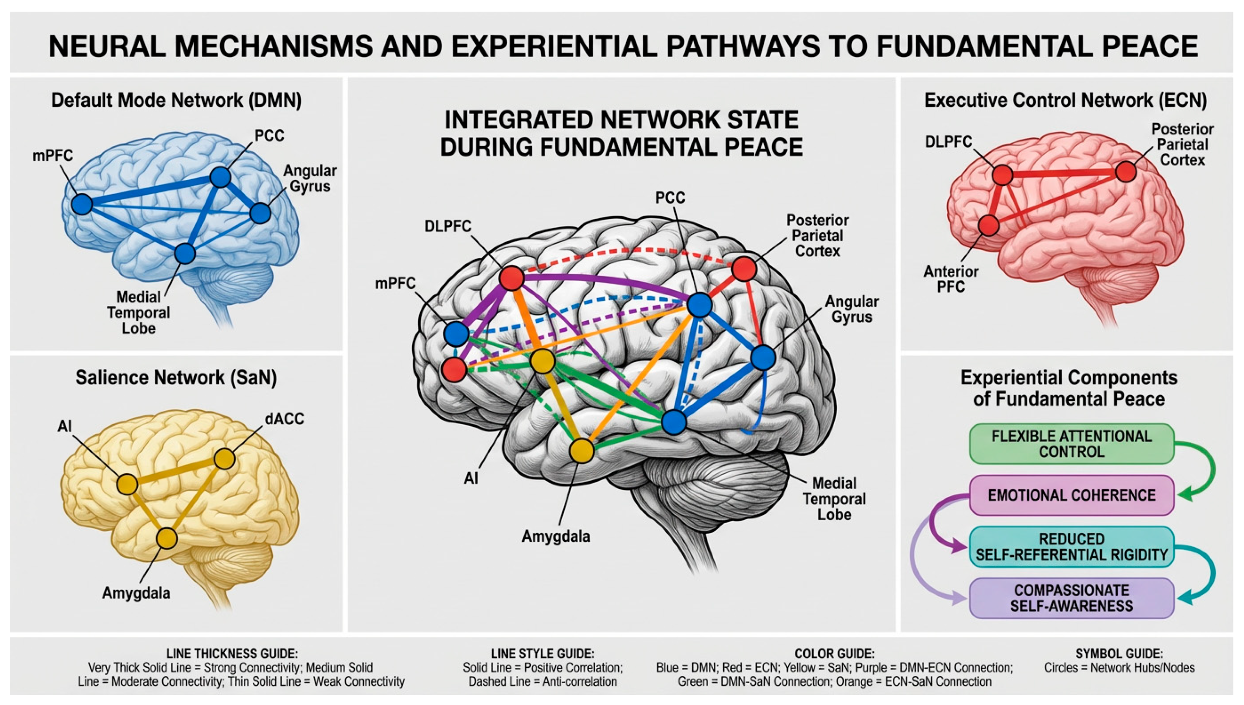 Figure 2 — Four-quadrant layout linking DMN, ECN and SaN to the integrated network configuration and the experiential components of FP.