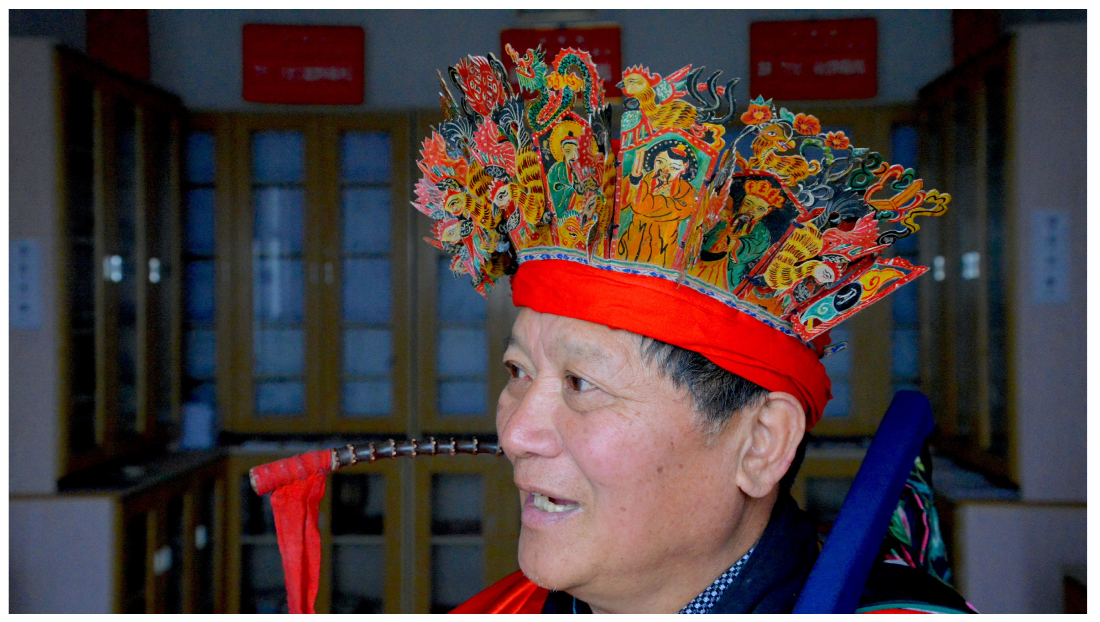 Vietnamese Modernized Men Ao Dai, With Headpiece, in Blue and Gold