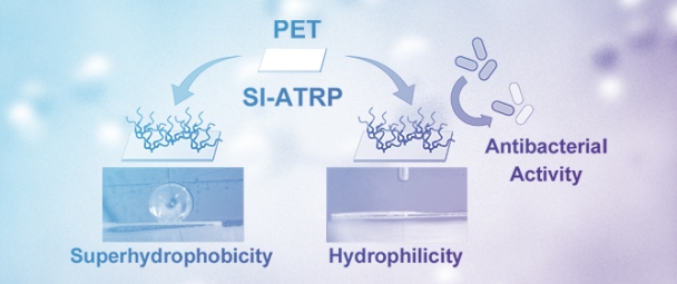 Surface Functionalization of Poly(ethylene terephthalate) via Surface-Initiated Atom Transfer Radical Polymerization to Achieve Superhydrophobic, Hydrophilic, and Antibacterial Properties