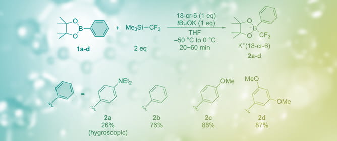 Synthesis and Structures of Trifluoromethylborates [pinB(Aryl)CF<sub>3</sub>]<sup>&minus;</sup>: pinB = 4,4,5,5-Tetramethyl-1,3,2-dioxaborolane