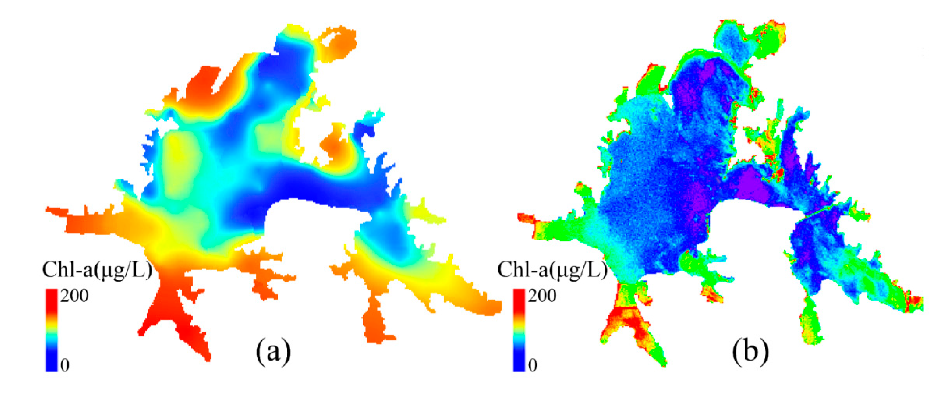 Spatial-temporal distributions of chlorophyll a content (μg/L) in